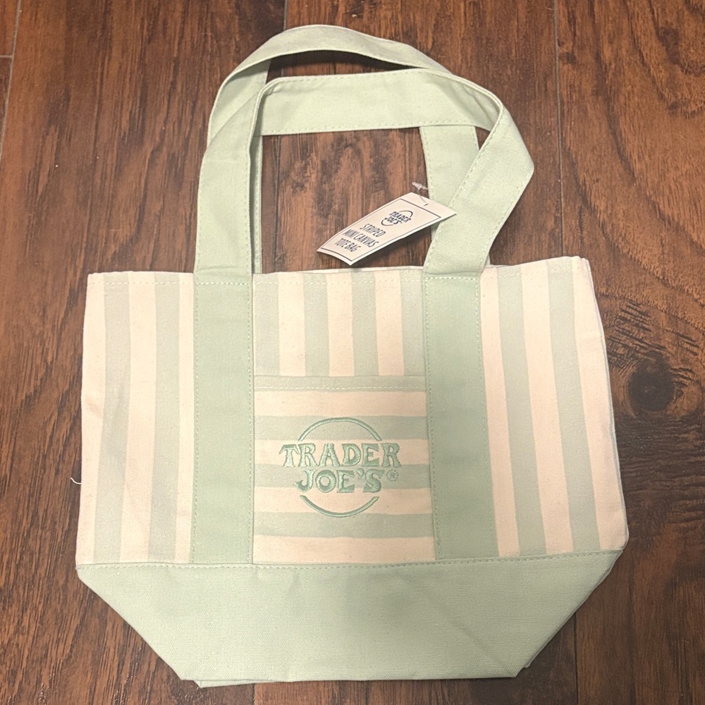 Trader Joe's New 2026 Mint Green Stripe Canvas Tote Bag